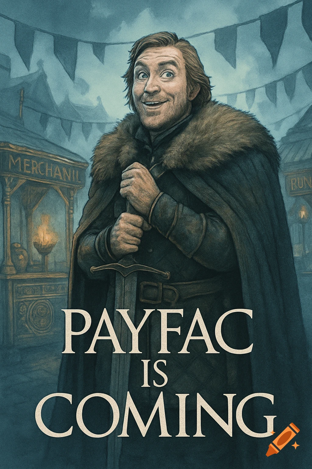 An illustrated man with shaggy brown hair and a beard, wearing a fur-lined cape, holds a sword, with a wide, slightly crazed grin. Medieval market stalls are in the misty background. Large text reads "PAYFAC IS COMING".