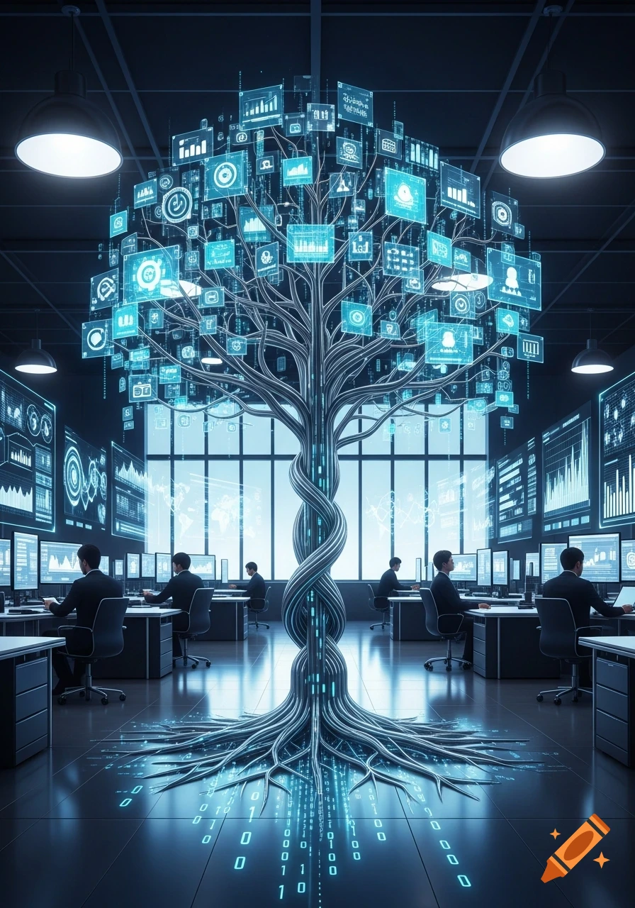 An illuminated digital tree with glowing data icons and graphs branches out in a modern data center where people work at computers.