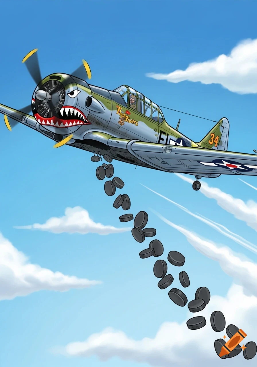 Cartoon T-6A Texan airplane with a Flying Tigers shark mouth livery, flying in a blue sky and dropping ice hockey pucks.