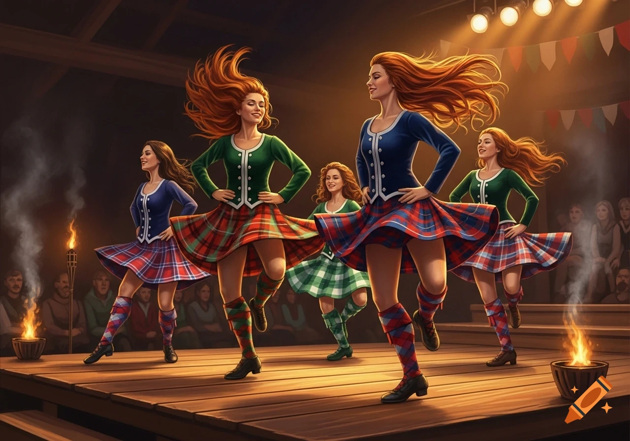 Women with flowing red hair in tartan miniskirts and boots dance energetically on a stage lit by spotlights and torches.