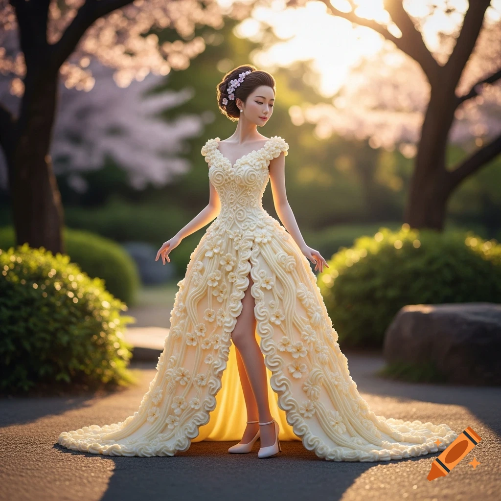 A Japanese woman in a flowing, cream-colored dress made of buttercream with floral details, standing in a sunny garden.