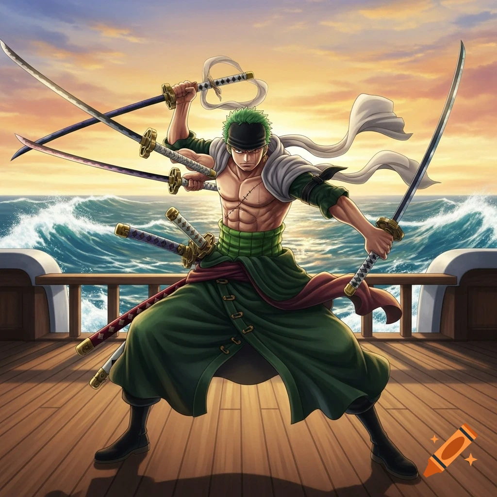 Anime illustration of Roronoa Zoro from One Piece in a dynamic pose with three katanas on a ship deck with a sunset ocean.