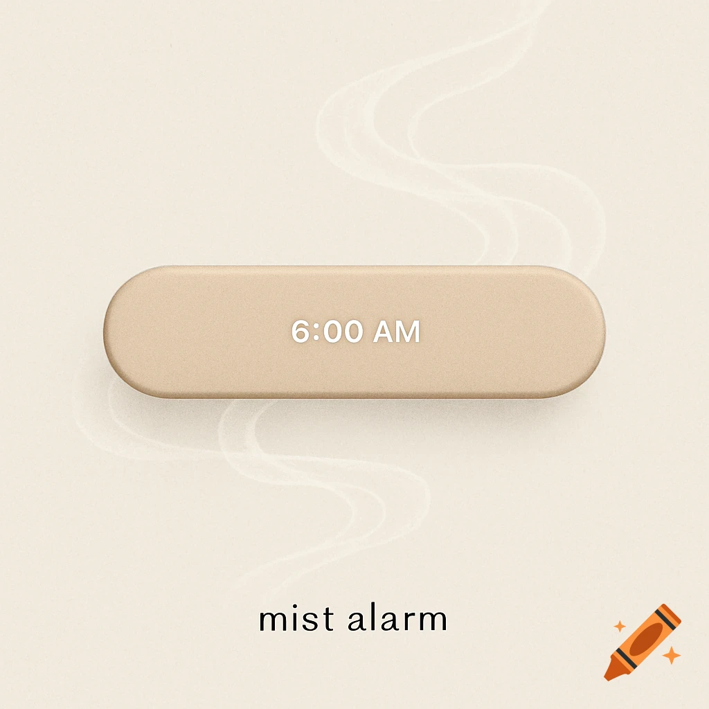 A minimalist beige button with '6:00 AM' text, against a light background with subtle mist. 'mist alarm' is written below.
