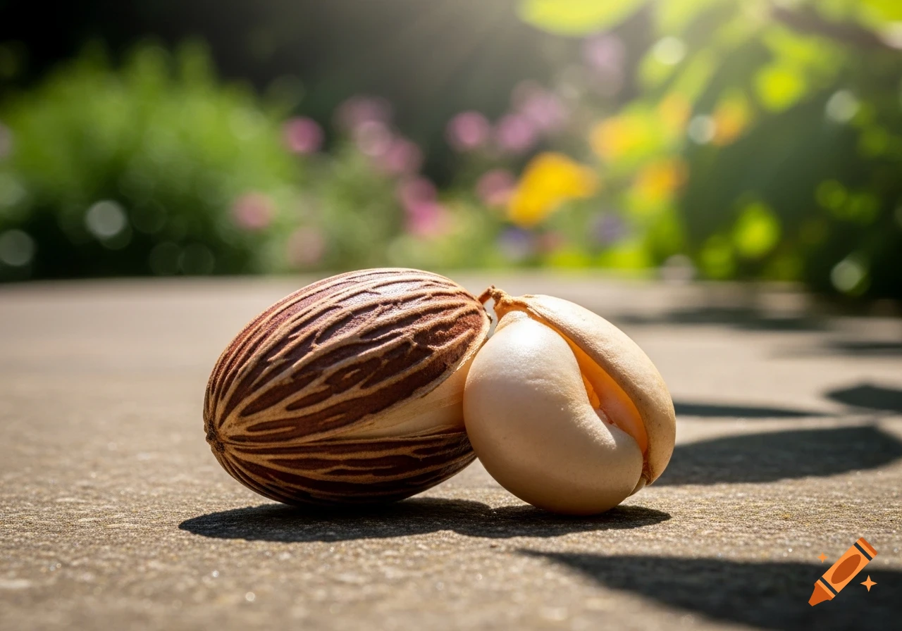 Close-up of two seeds, one striped and one open, resting on concrete with a blurry green and flowery garden background in sunlight.