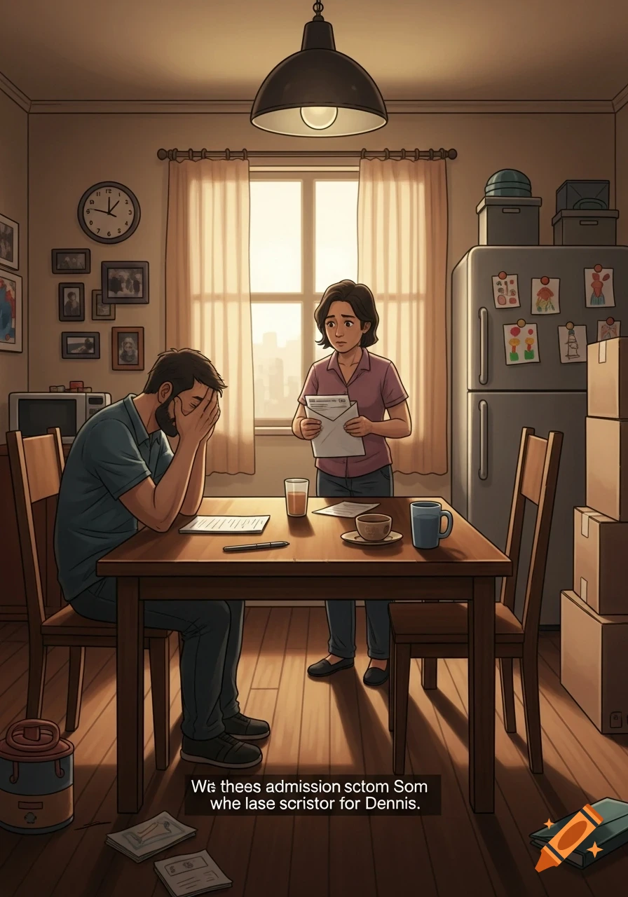 An illustration of a distraught man at a table with his head in his hands, while a concerned woman stands holding papers in a home.