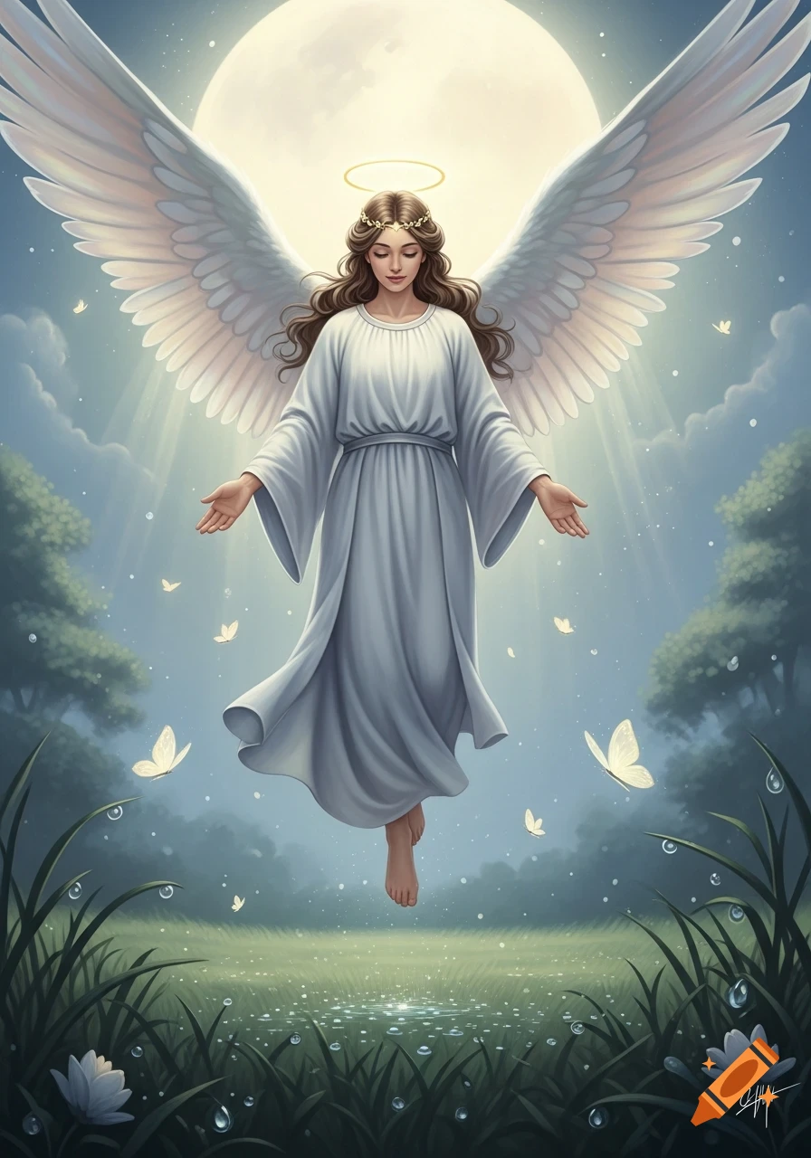 A serene angel with large white wings, a halo, and a white gown floats above a dewy meadow with butterflies under a bright full moon.