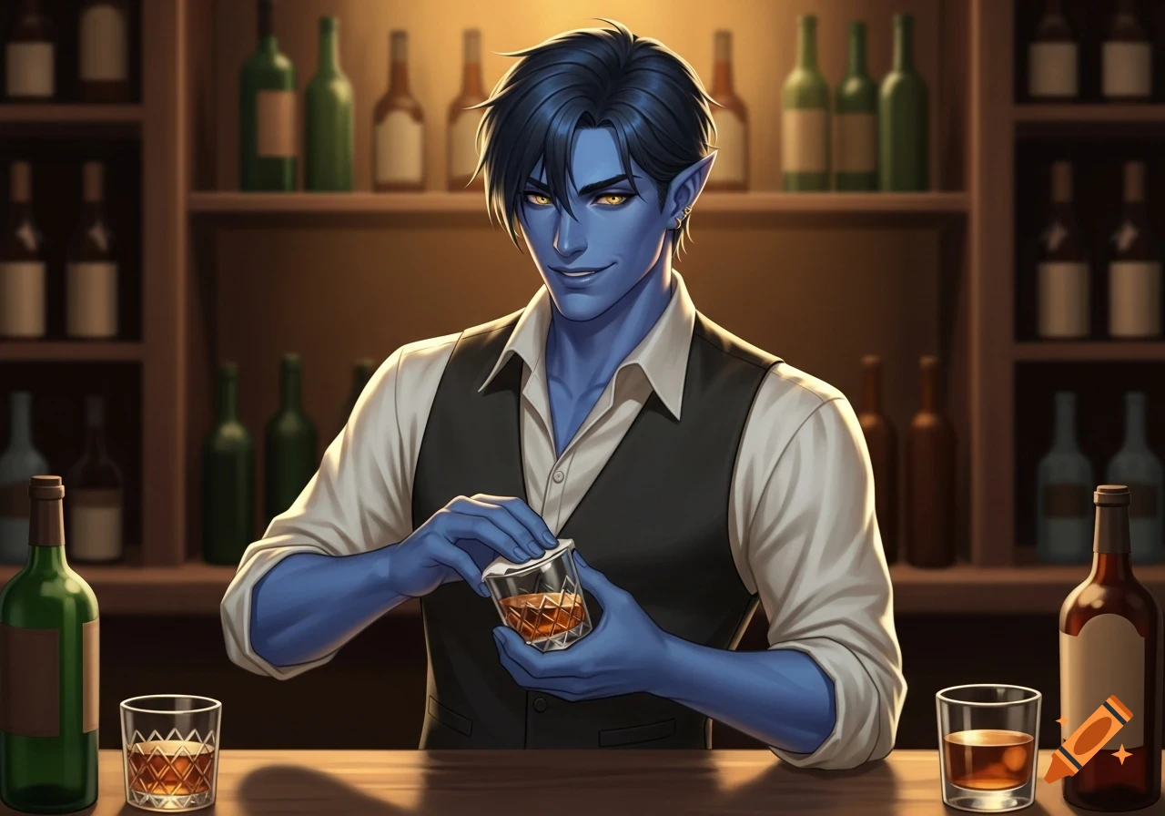 A blue-skinned man with pointy ears and yellow eyes, dressed as a bartender, cleaning a whiskey glass with a playful grin, illustrated.