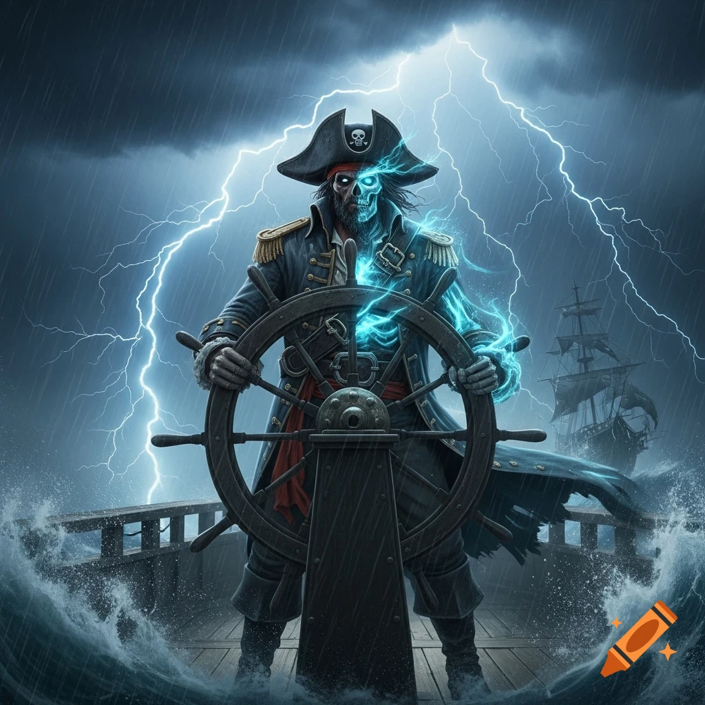 A ghostly pirate captain with a skeletal face and glowing blue energy steers a ship wheel amidst a stormy sea with lightning.