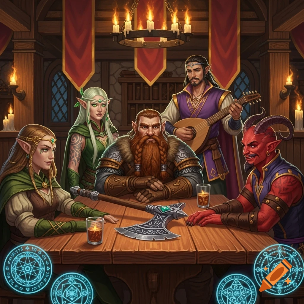 A group of Dungeons & Dragons fantasy characters, including elves, a dwarf, a human playing a lute, and a red-skinned tiefling, gathered around a wooden table in a dimly lit tavern.