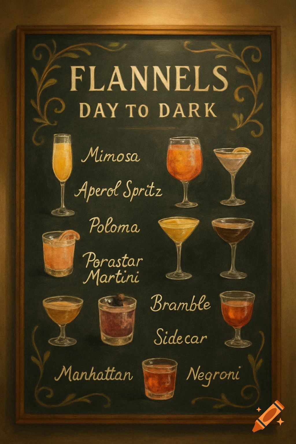A chalkboard menu titled "FLANNELS DAY TO DARK" listing various cocktails like Mimosa, Aperol Spritz, Paloma, Bramble, Sidecar, Manhattan, and Negroni, each with a small illustration of the drink.