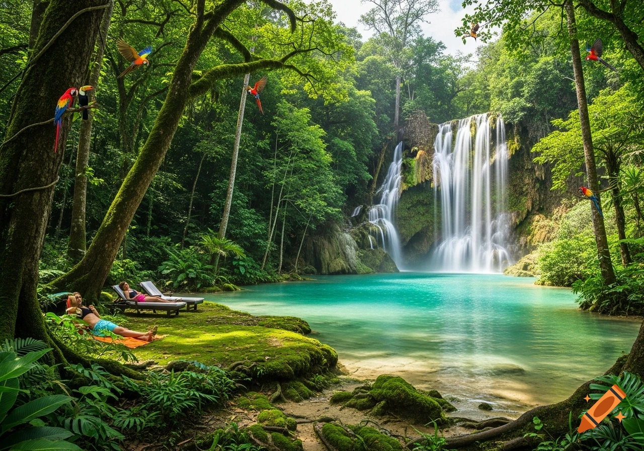 Photorealistic tropical jungle with a tall waterfall flowing into a turquoise lagoon. Two people relax on lounge chairs, and colorful birds are visible.