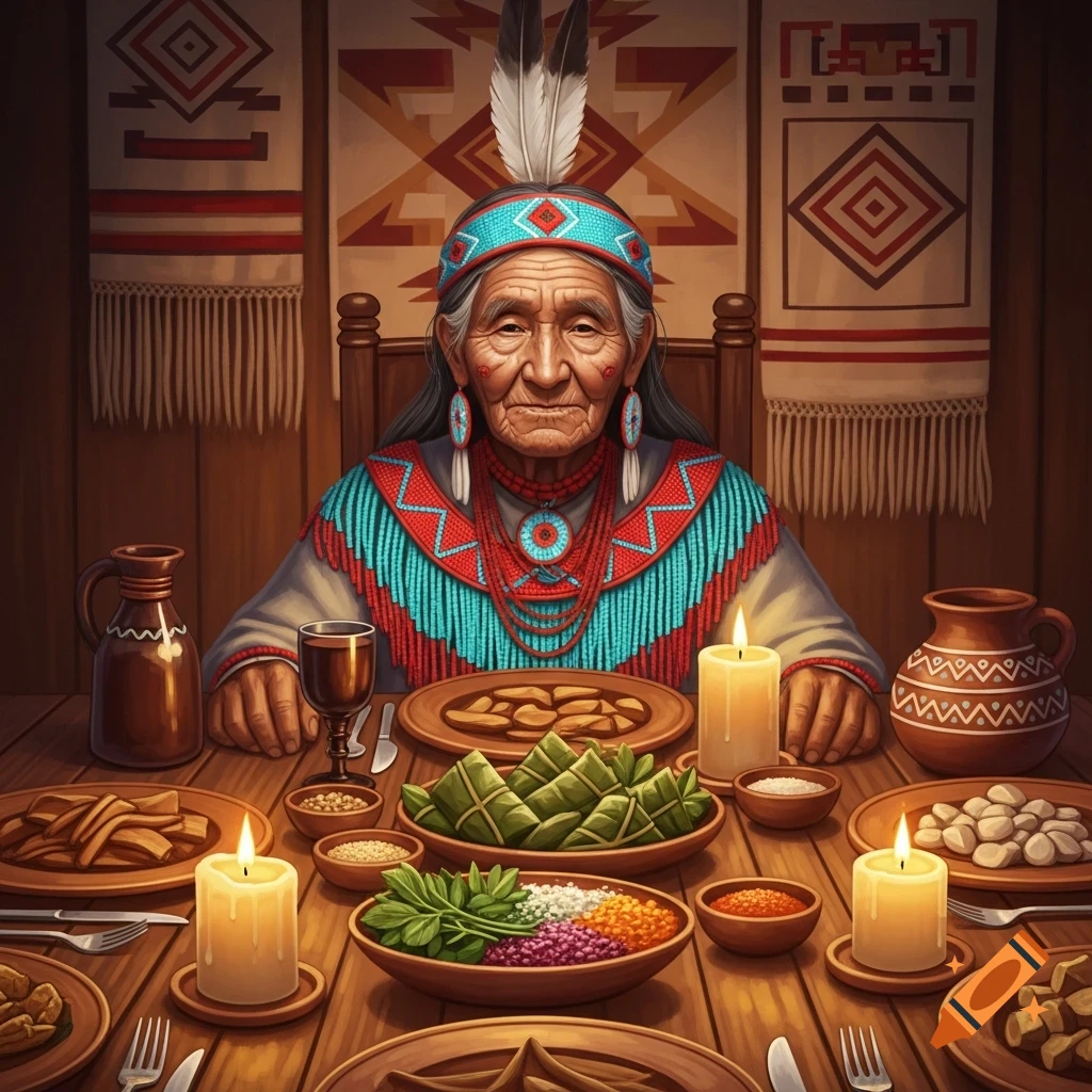 Indigenous elder in traditional beaded attire and feathered headdress at a dinner table laden with food and candles.