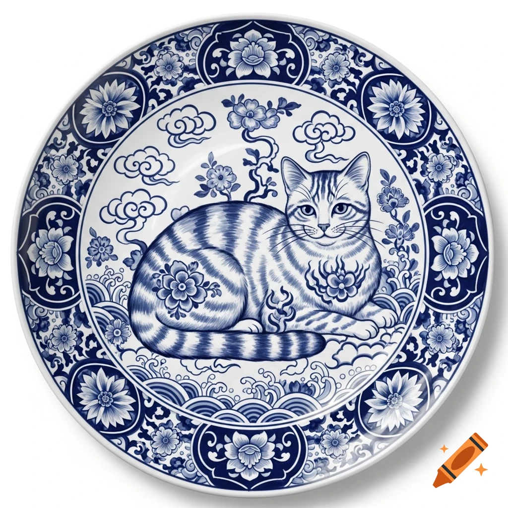 A blue and white Ming dynasty inspired porcelain plate featuring a stylized cat surrounded by floral and cloud patterns.
