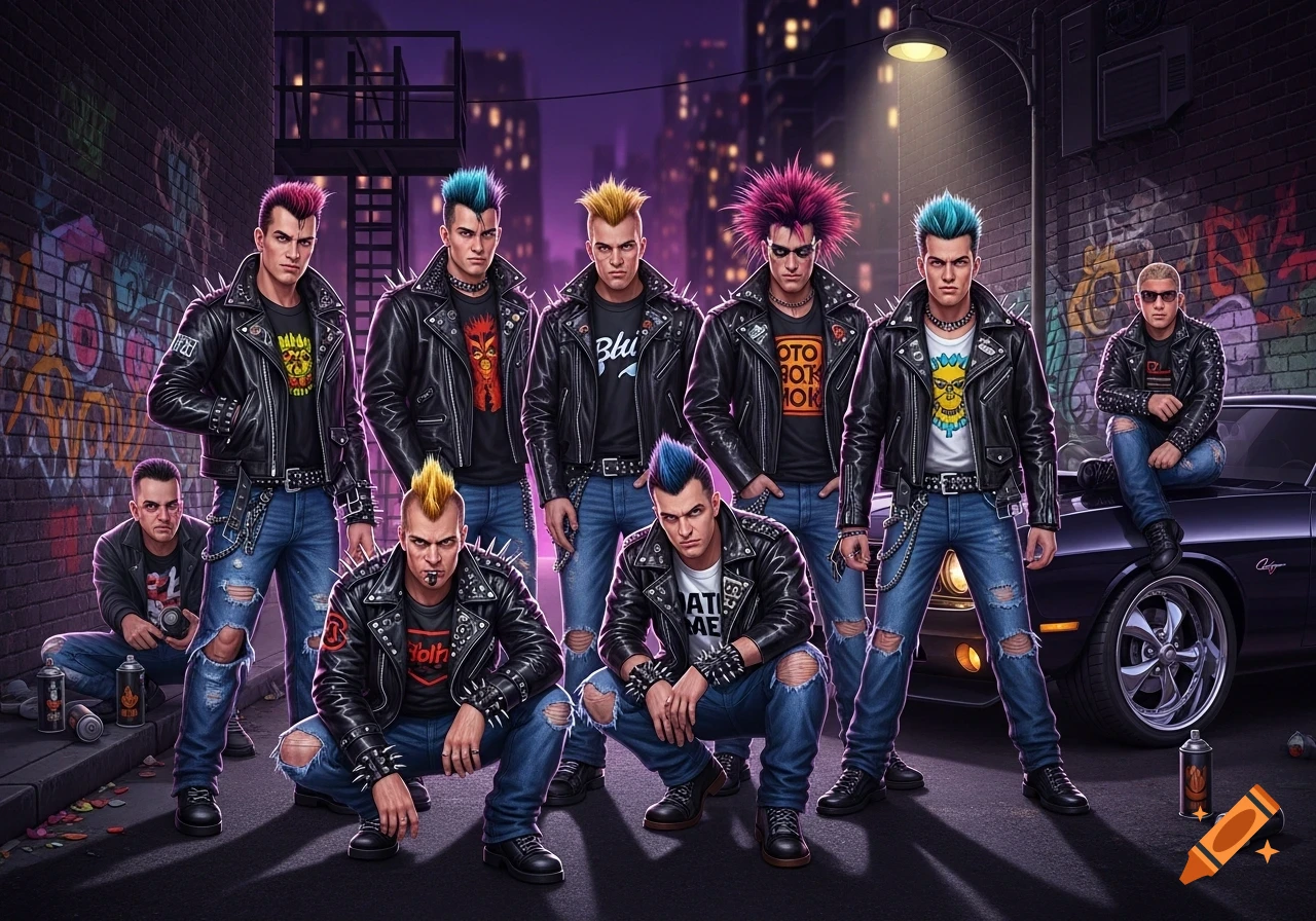 A group of punk-rock men with spiked, colorful hair, leather jackets, and ripped jeans pose in a dimly lit city alley with graffiti walls and a car.
