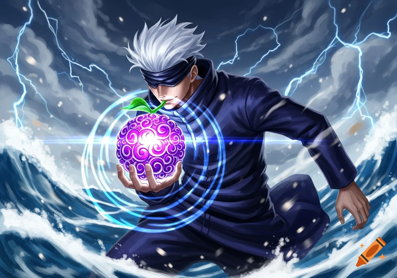 Gojo Satoru, with white hair and a black blindfold, holds a glowing purple Devil Fruit amidst a stormy sea and lightning, in an anime art style.