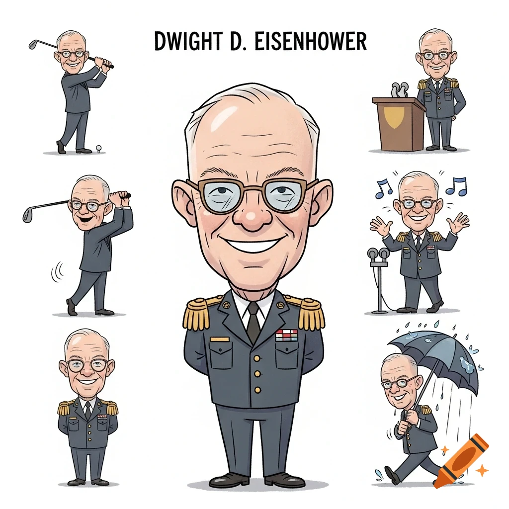 Cartoon sketches of Dwight D. Eisenhower in various poses, including golfing, speaking, and walking with an umbrella.