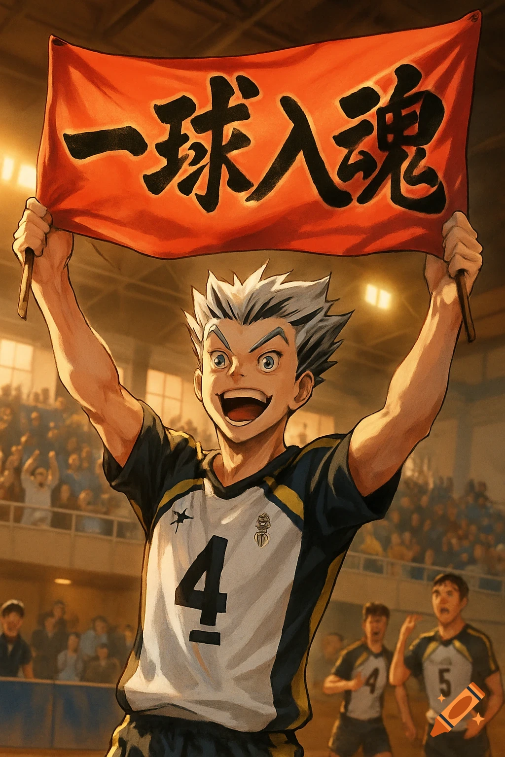 Anime illustration of Bokuto Kotaro cheering in a sports arena, holding a red banner with Japanese text "一球入魂" above his head.