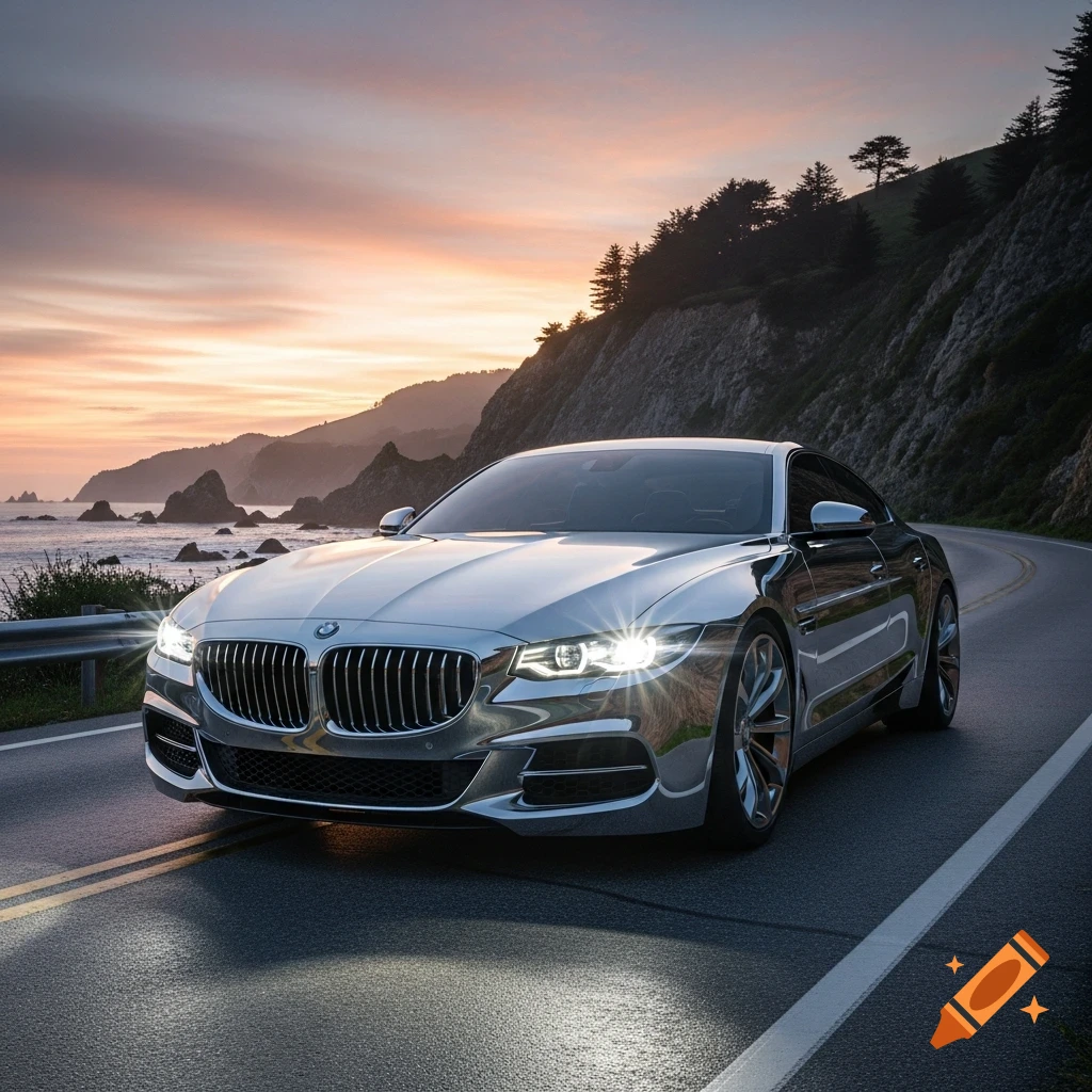 A shiny silver BMW drives on a winding coastal road at sunset, with mountains and ocean in the background.
