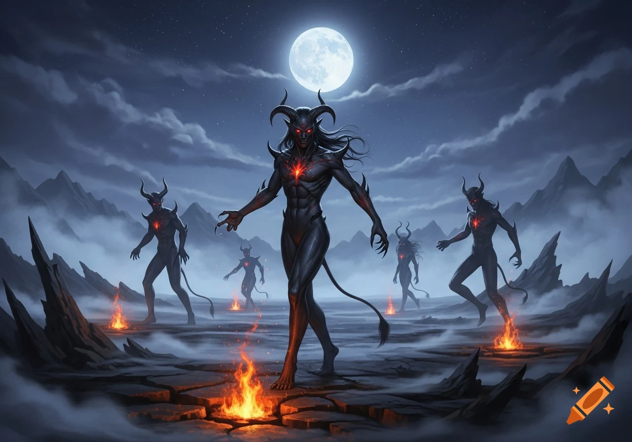 Demonic figures with horns and glowing eyes under a full moon in a desolate, fiery landscape, dark fantasy style.
