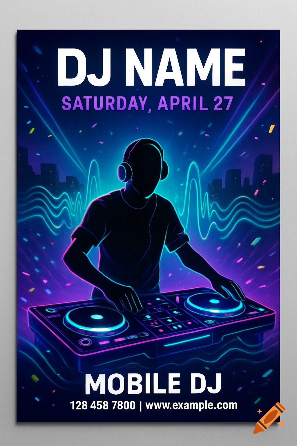 Neon-lit flyer for a DJ event featuring a silhouette of a DJ at turn-tables against a city skyline.
