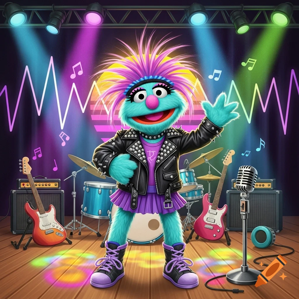 A turquoise muppet with spiky pink hair wears a studded leather jacket and purple skirt, standing on a stage with instruments and colorful lights.