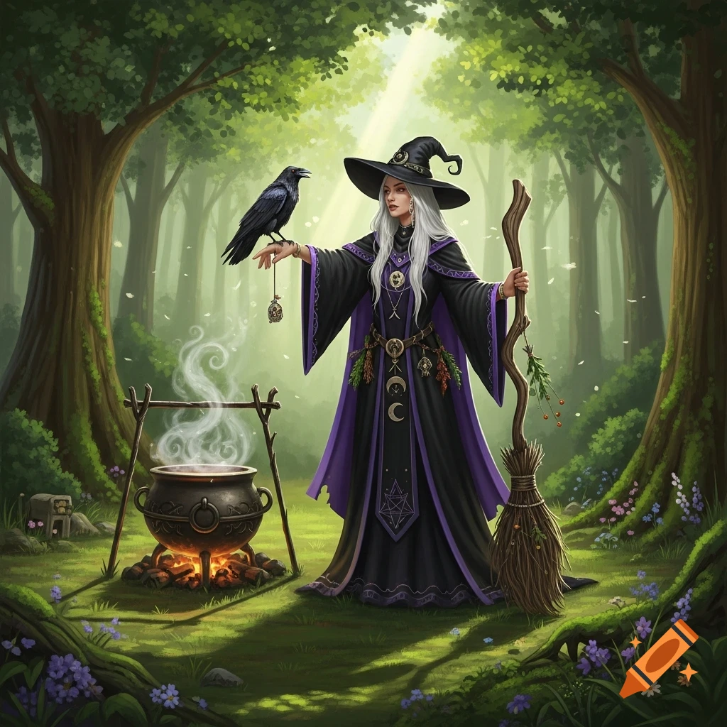 A witch in a dark robe and pointed hat stands in a mystical forest with a raven on her hand, a smoking cauldron, and a broom.