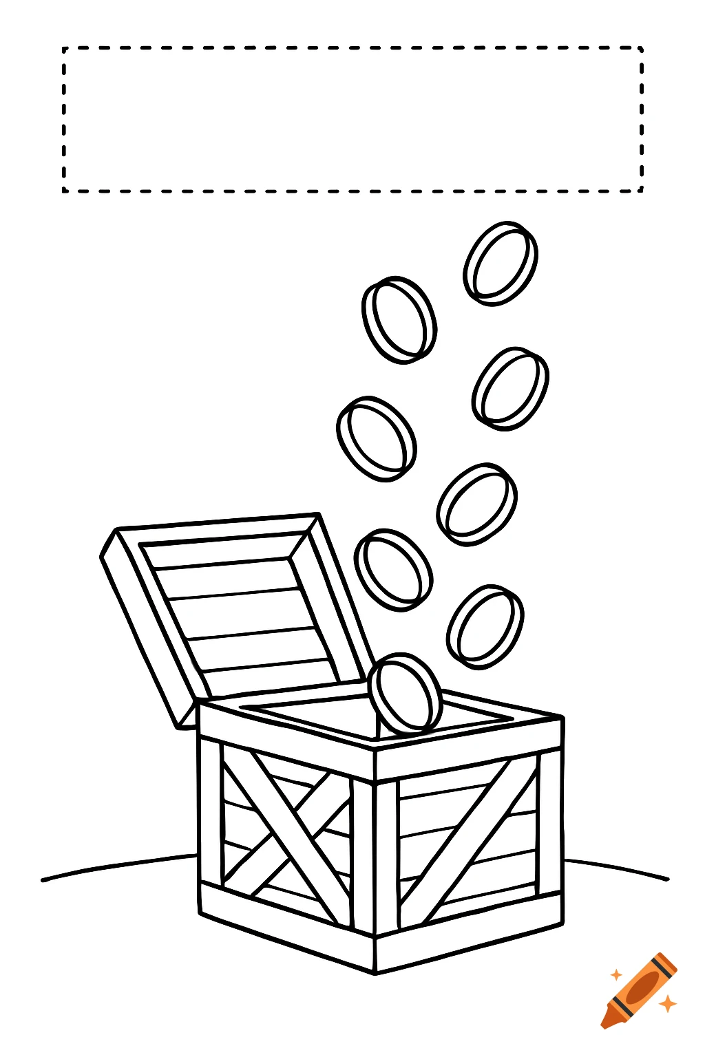 Black-and-white line art coloring page of coins floating out of an open wooden supply crate with a blank dashed rectangle at the top.