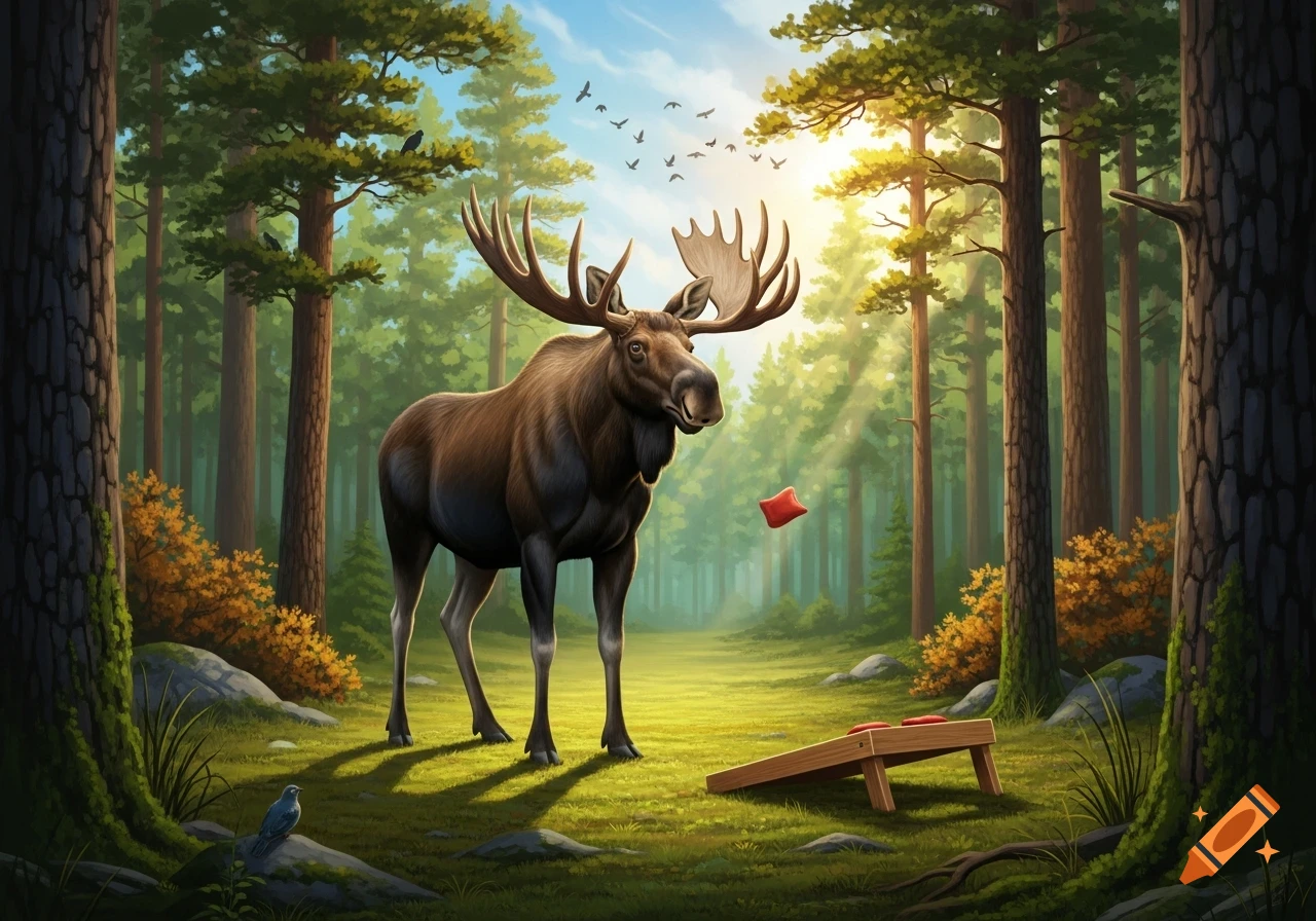 A majestic moose stands in a sunlit forest clearing, looking at a cornhole board with a red beanbag in the air. Illustrated style.