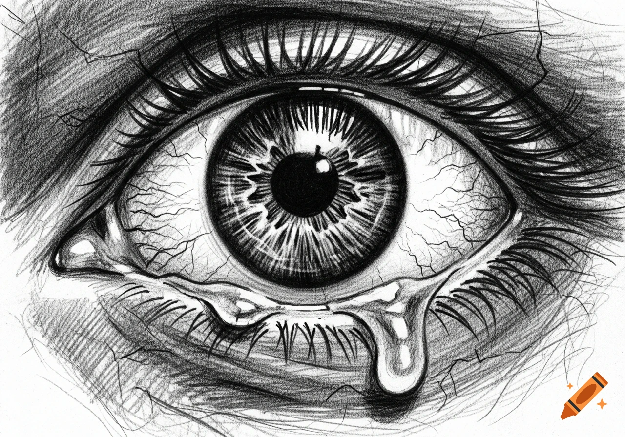 Gritty graphite pencil sketch of a swollen, teary human eye with prominent veins and cracked skin, conveying pain.