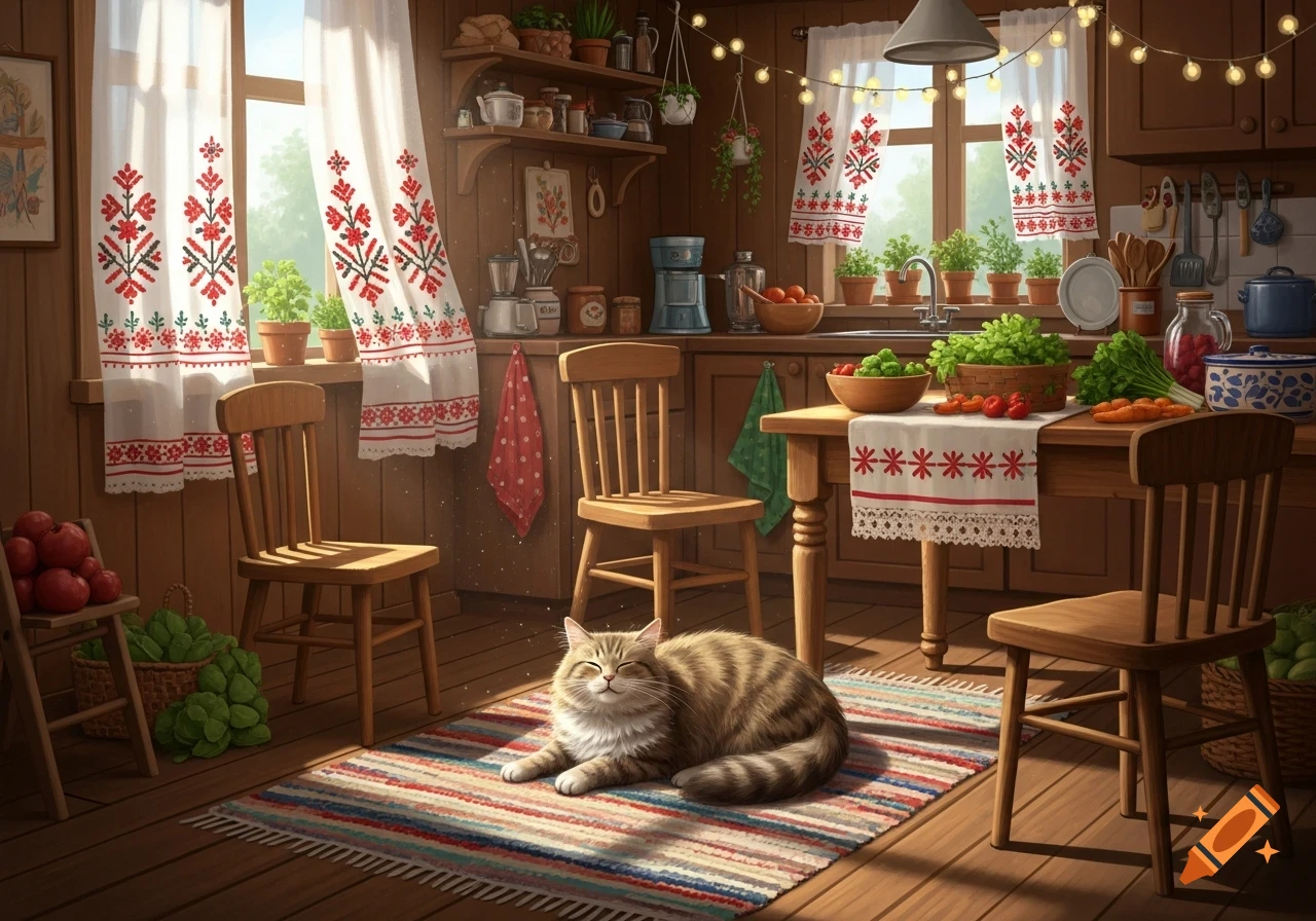 A striped cat naps on a colorful rug in a rustic, sunlit kitchen filled with fresh produce and patterned curtains.
