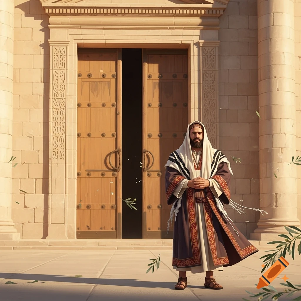 A man in traditional robes and a white shawl stands outside a grand temple, with olive leaves falling around him.