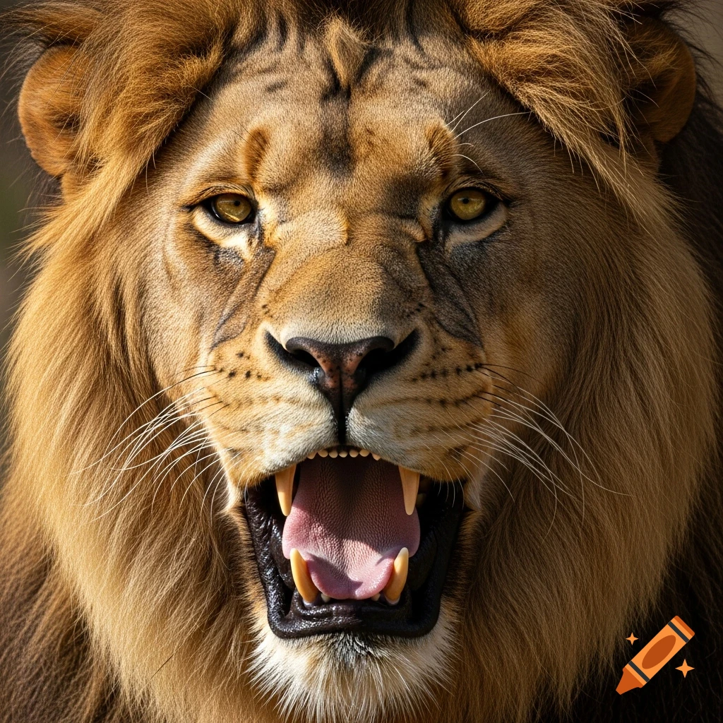 Ultra-realistic close-up photo of a male lion roaring with its mouth wide open, revealing fangs and tongue.