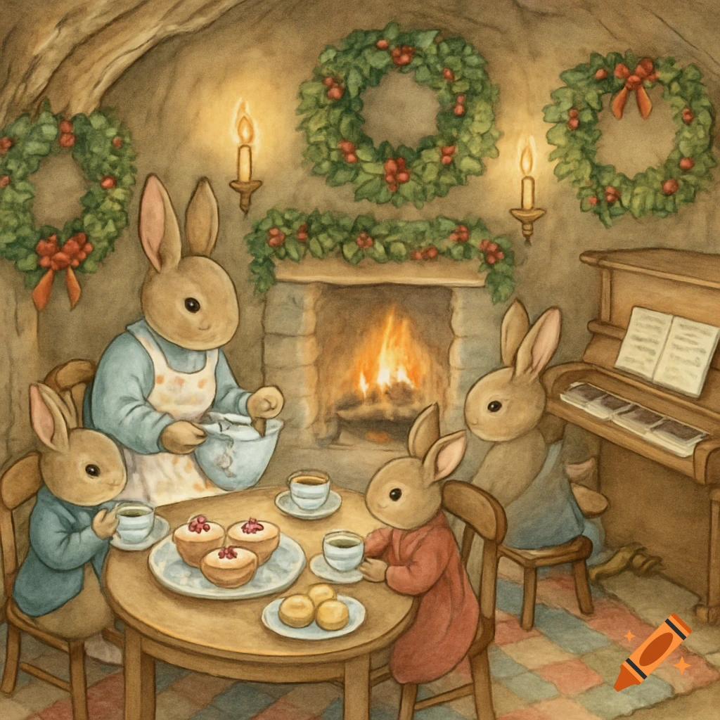 Watercolor illustration of Peter Rabbit-style bunnies having tea by a warm, decorated Christmas fireplace in a burrow, with a piano.