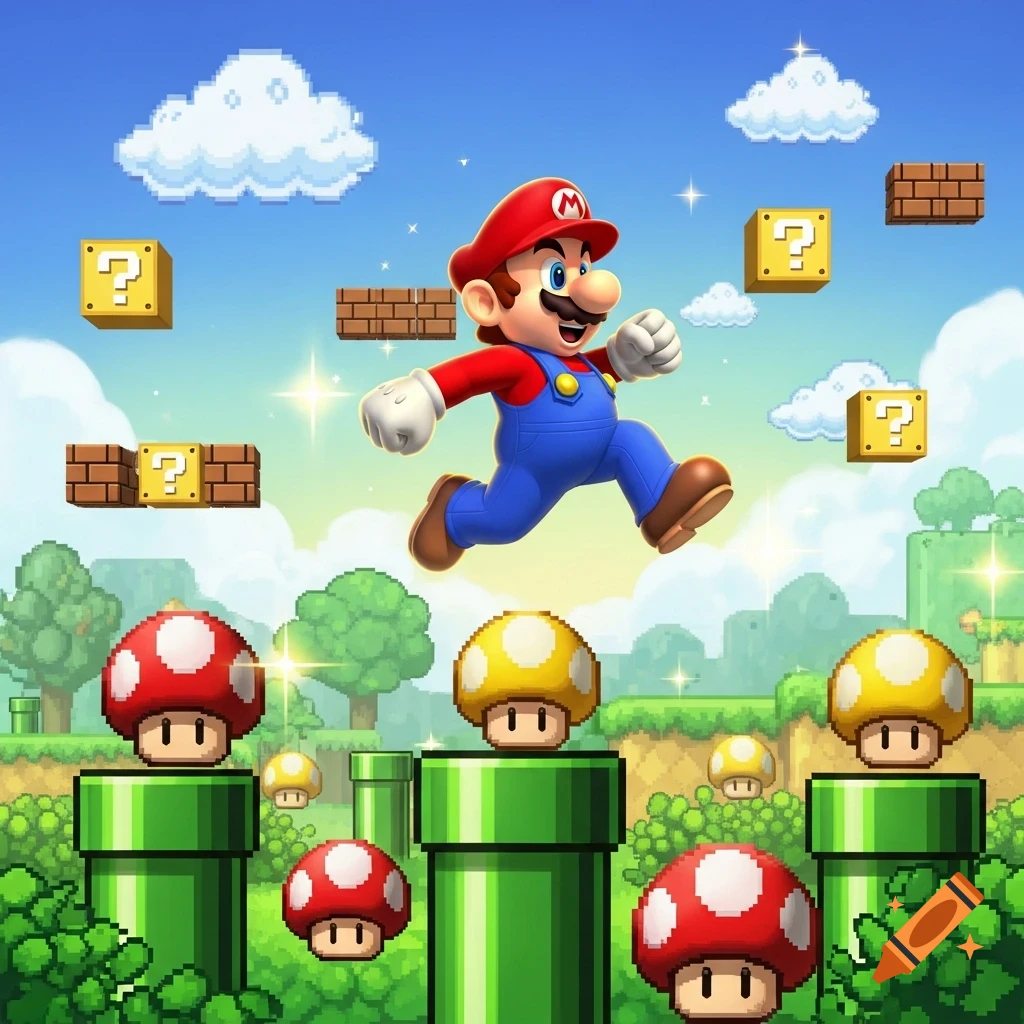 Super Mario jumps over green pipes and pixelated mushrooms under a blue sky with question mark blocks.