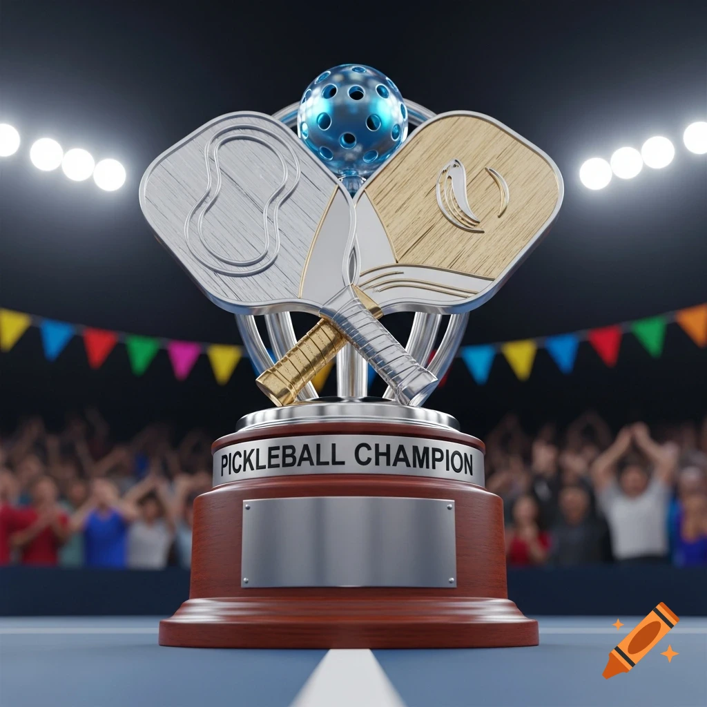 A detailed pickleball trophy with silver and gold paddles, a blue pickleball, and 'PICKLEBALL CHAMPION' text, against a stadium backdrop.