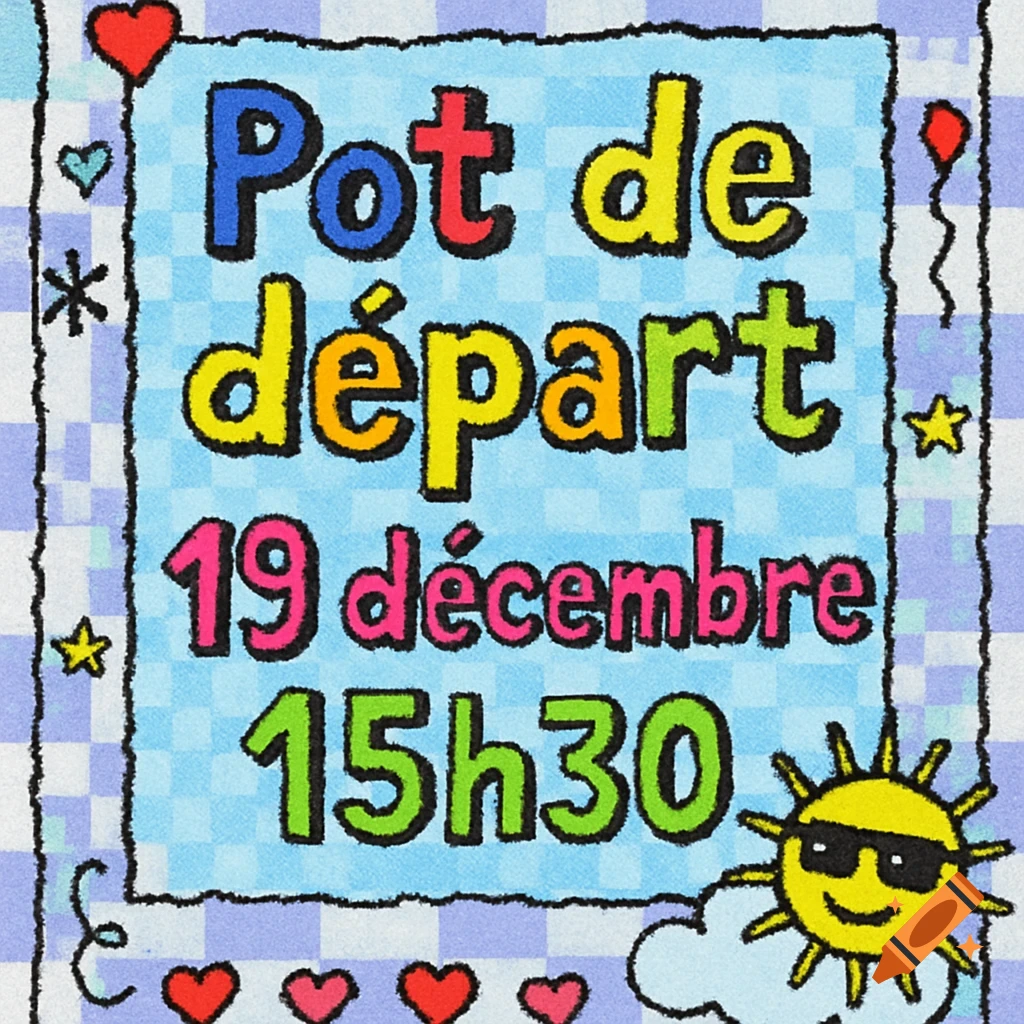 A colorful invitation card in a Microsoft Paint style for a farewell party on December 19th at 3:30 PM, featuring text, hearts, stars, and a smiling sun with sunglasses.