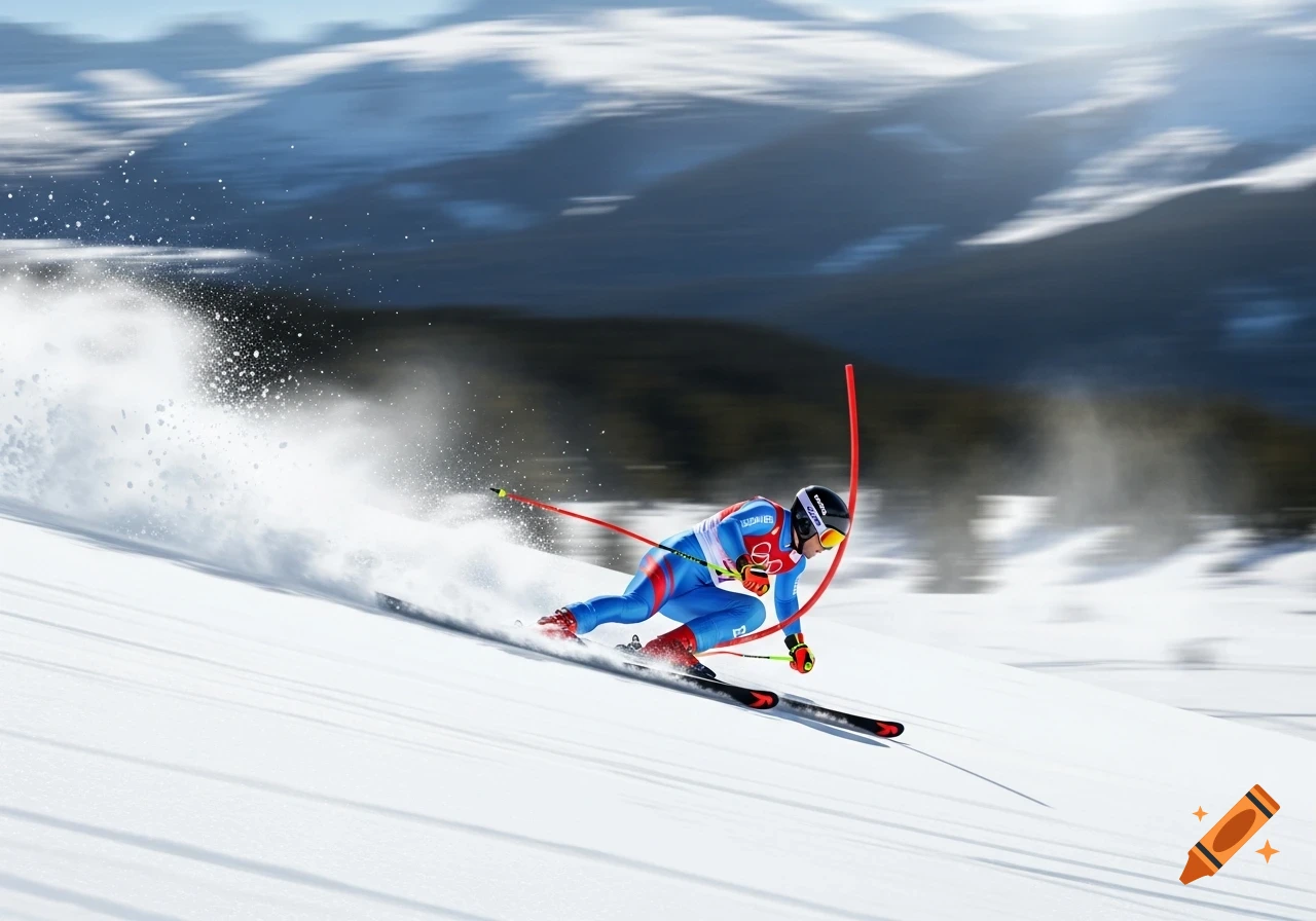 A photorealistic image of an Olympic skier in a blue suit speeding down a snowy mountain slope, kicking up snow.