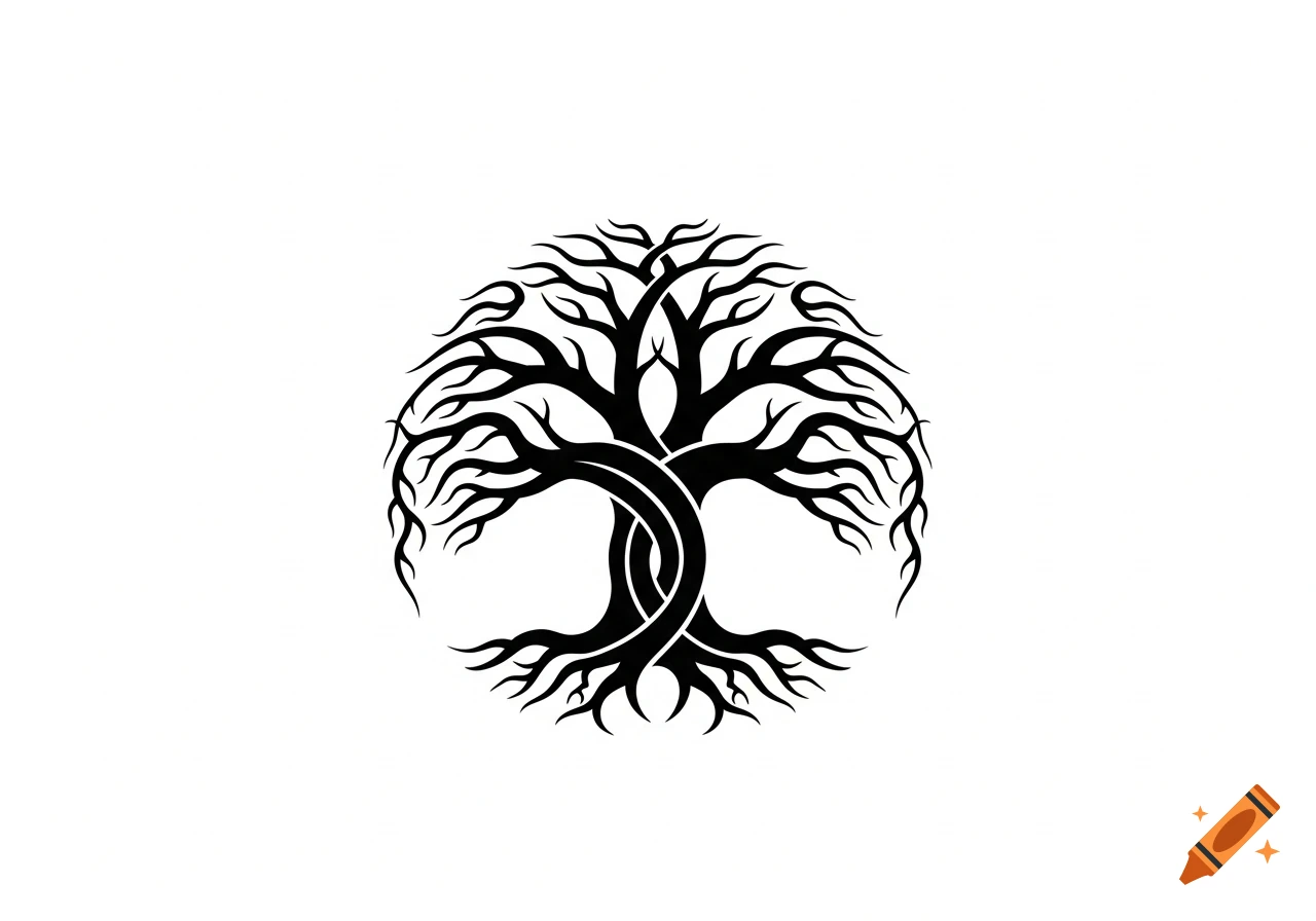 A black and white tribal tattoo-style tree of life symbol within an oval shape.