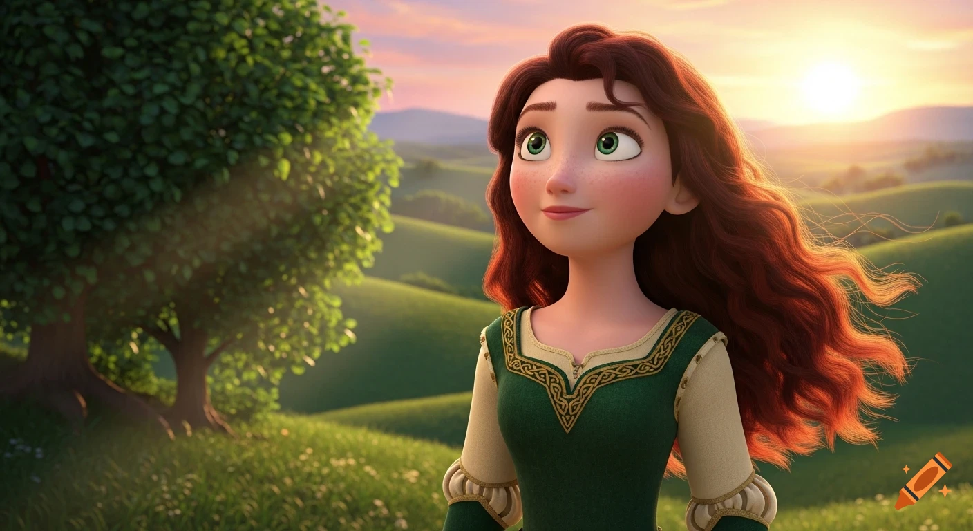 A 3D animated Irishwoman with red hair and freckles in a green field at sunset, in Disney/Pixar style.