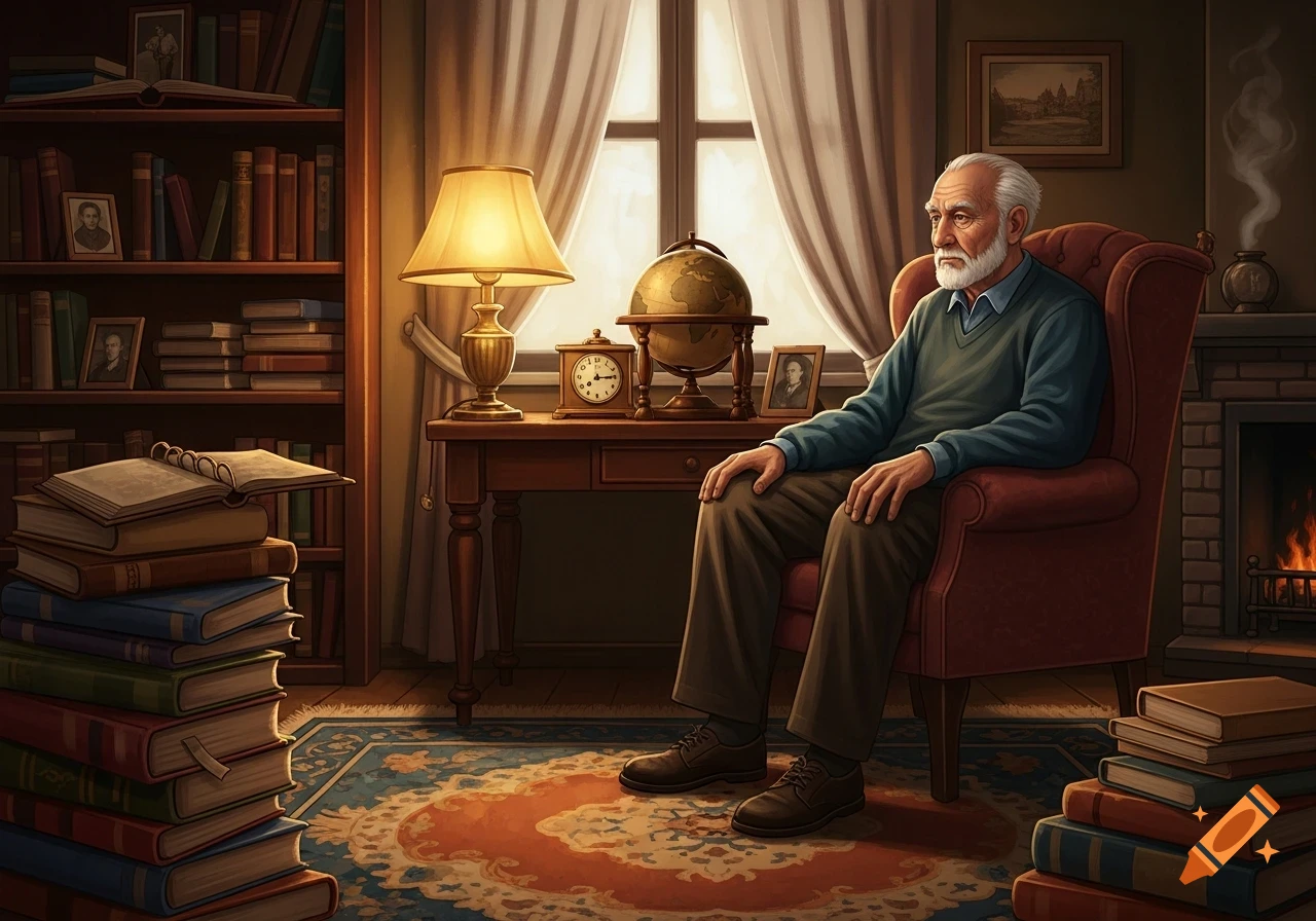 An old man with a white beard sits in a red armchair in a cozy, lamp-lit study, surrounded by bookshelves and stacks of books. Illustration.