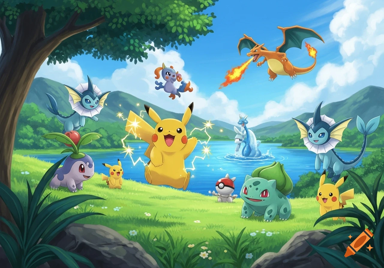 Pikachu, Charmander, Vaporeon, Bulbasaur, and other Pokémon gather in a lush green landscape by a lake, under a blue sky.