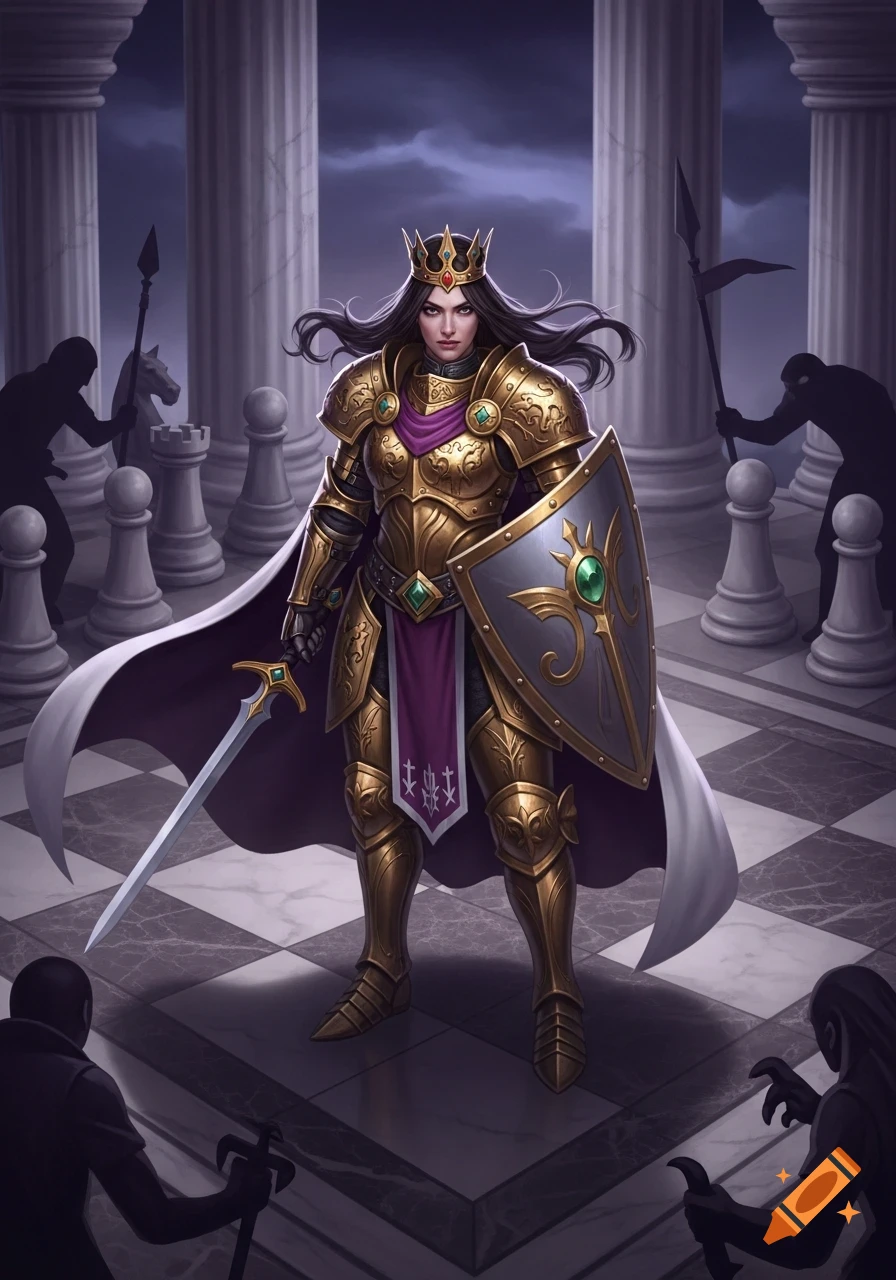 A regal queen warrior in golden armor and crown stands on a chess-patterned floor, holding a sword and shield, surrounded by shadowy figures. Digital painting.