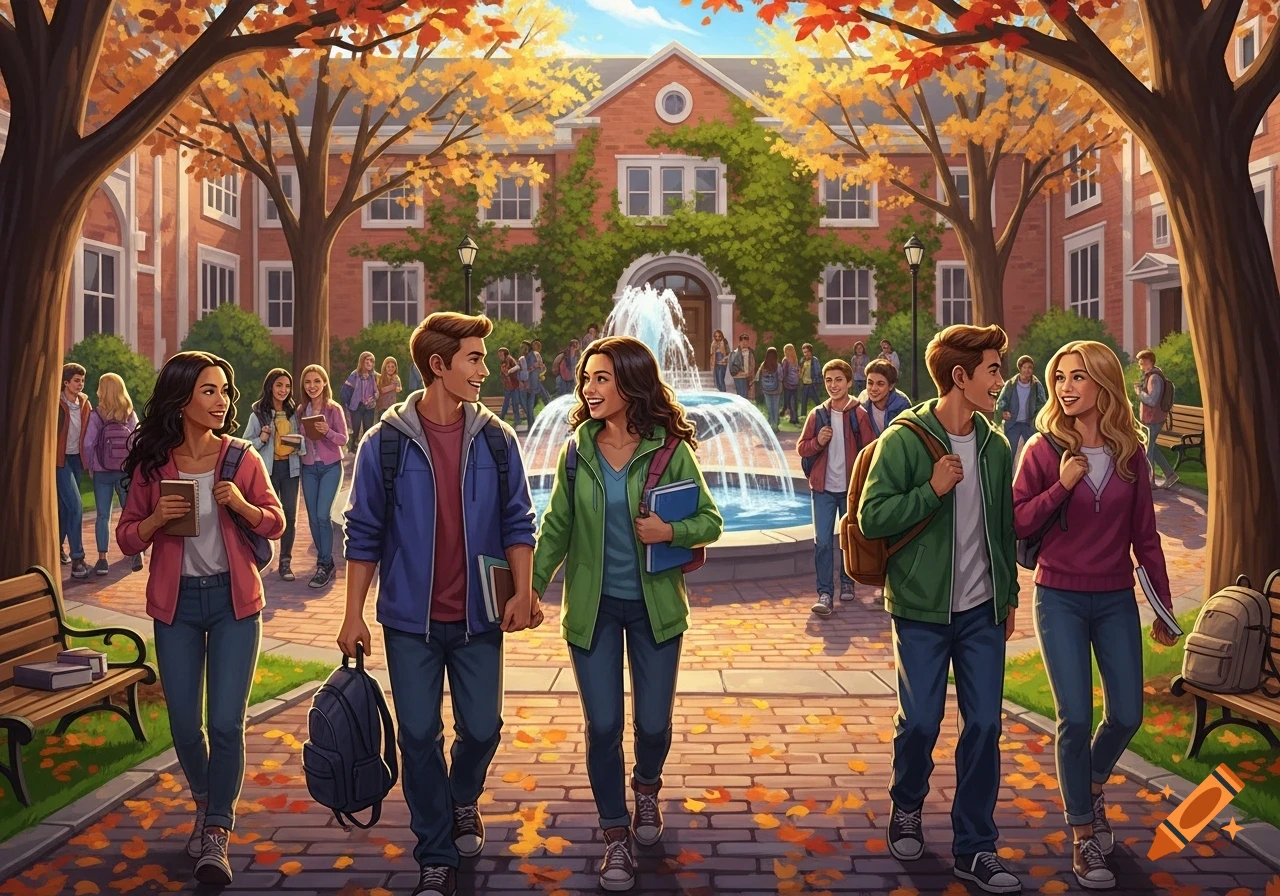 Illustrative depiction of high school students walking on a college campus with fall foliage and a fountain.