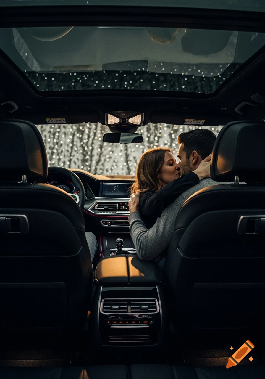 A couple kisses intimately in the front seats of a modern car, viewed from the back seat with a bokeh background.