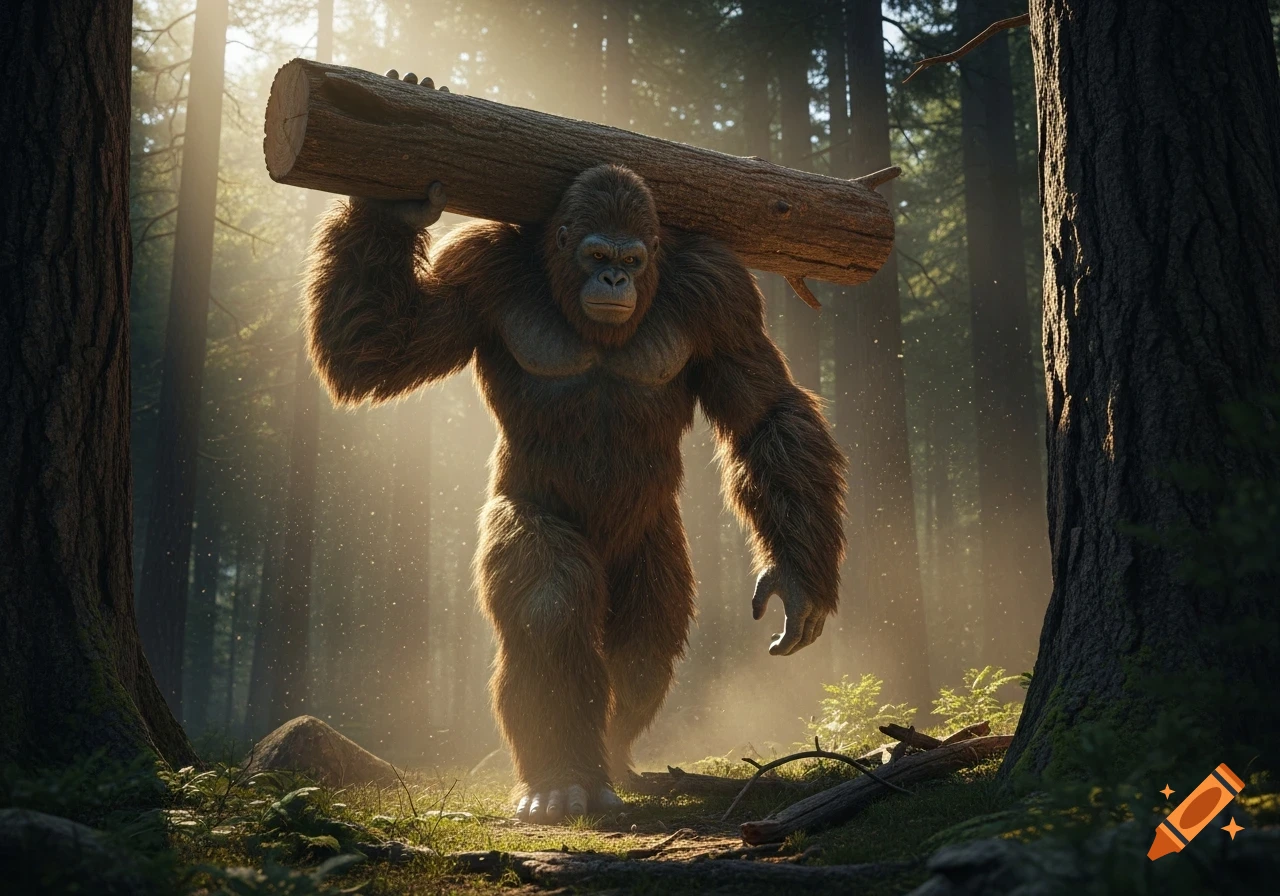 A muscular, hairy Sasquatch-like creature carries a heavy log on its shoulder through a sun-drenched forest.