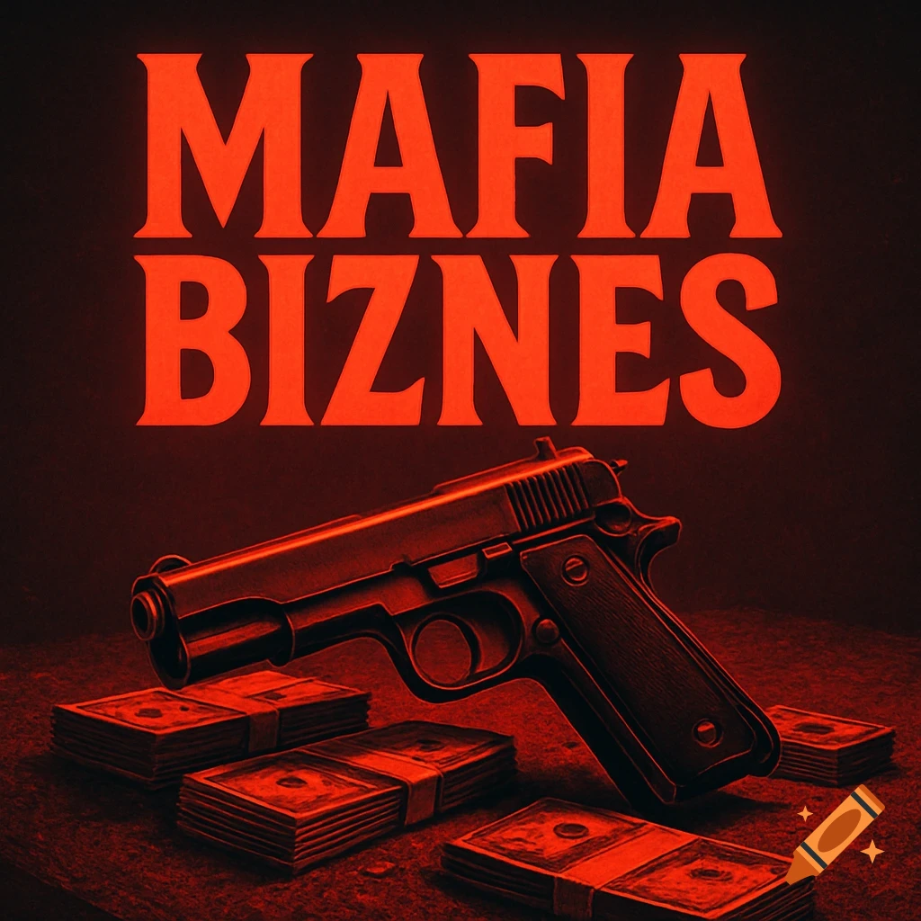 Red-lit image with bold text 'MAFIA BIZNES' above a pistol and stacks of money on a dark surface.