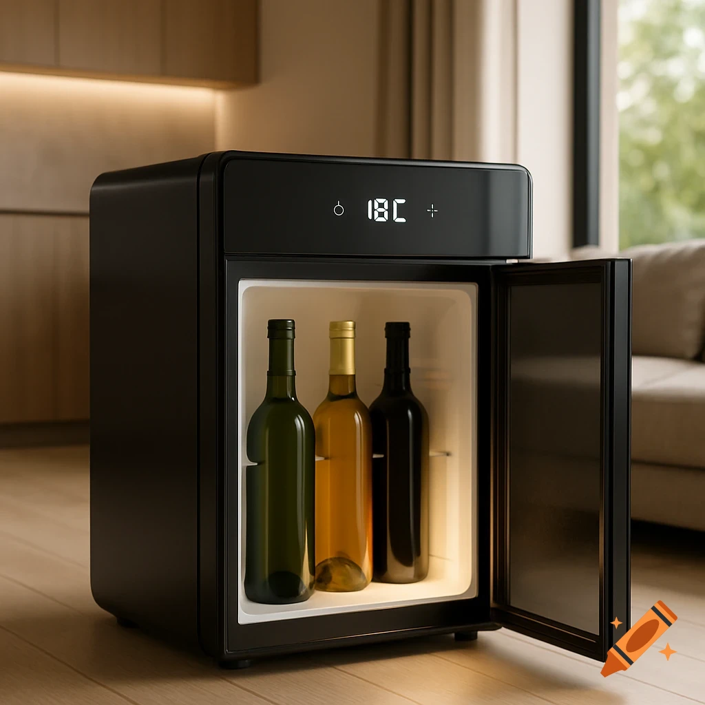A black mini-fridge with its door open, showing three bottles and a digital display of 18C in a modern room.