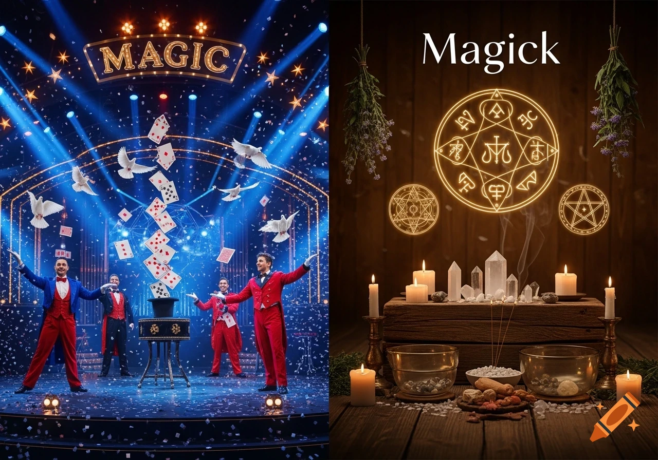 Split image: A vibrant magic show with magicians and doves on stage, and a mystical scene with glowing symbols, crystals, and candles.