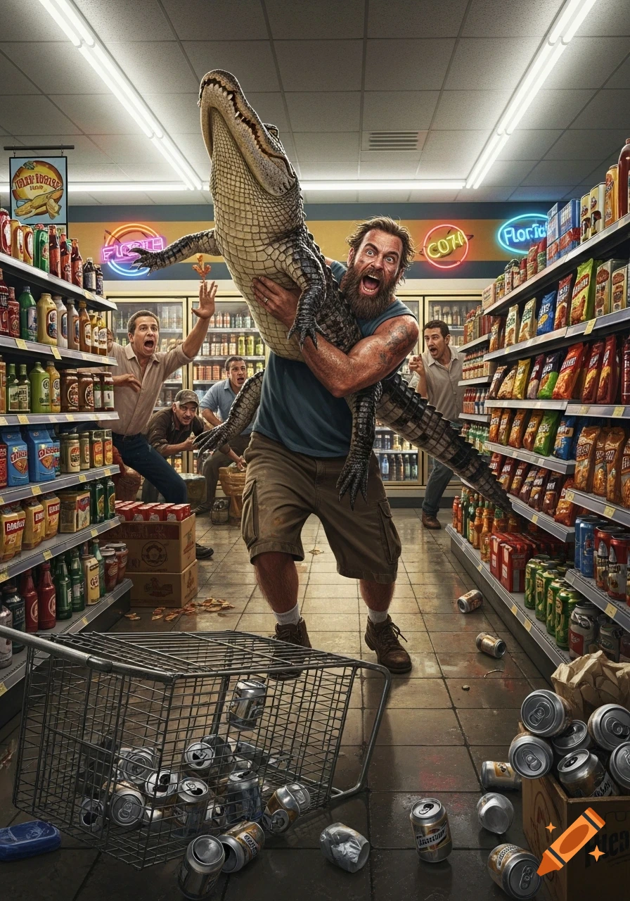 A bearded man carries a large alligator through a supermarket, causing other customers to scream and flee amidst overturned shopping carts and scattered beer cans.