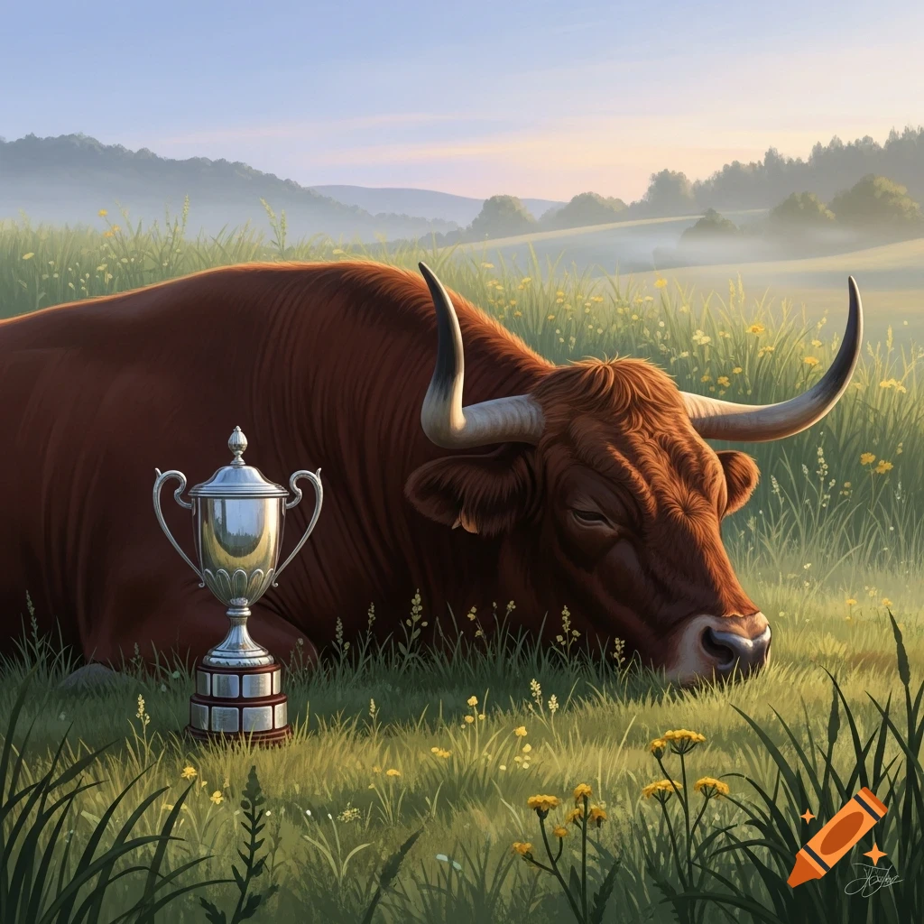 A large brown bull with horns rests next to a silver trophy in a grassy field with yellow wildflowers at sunrise.